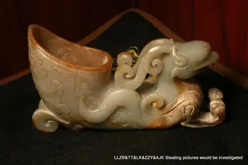 Kitajski Starinsko Jade Phoenix Obliko Ox Glavo Glavo Vino Pokal Ogromen Kip Carving LS LzK Timestown 20201126A